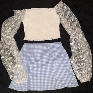 Elegant Off the Shoulder Ruched Mesh Floral Sleeve Crop Top